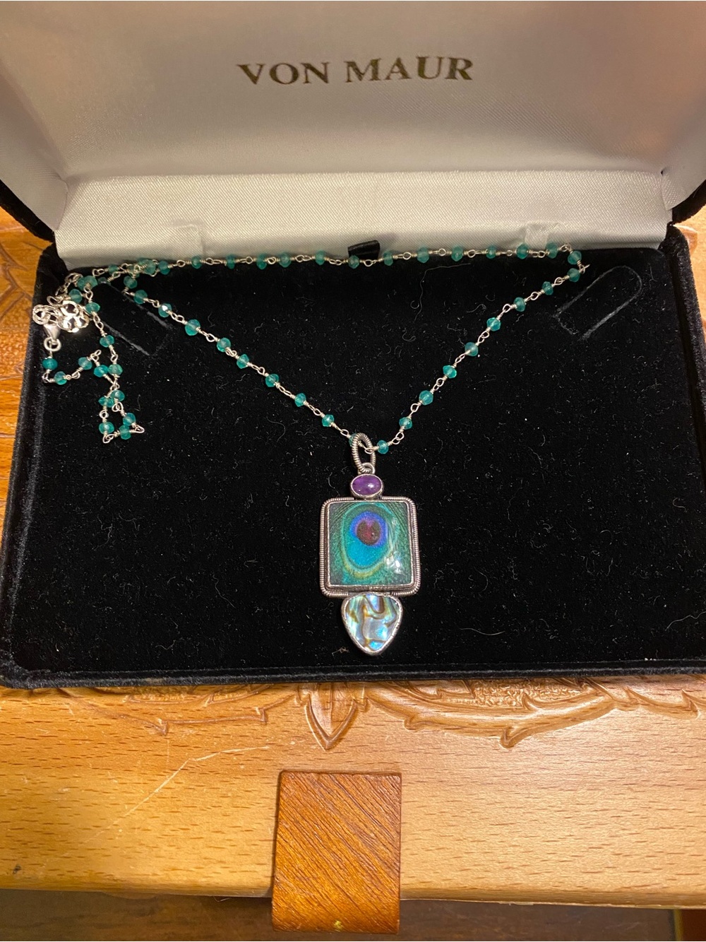Amy Kahn Beaded Sterling Necklace with Abalone and Amethyst Pendant 🦚